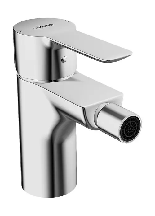 Einhebelmischer aus Chrom für ein Bidet mit seitlichem Hebel und abgerundetem Wasserauslass. Die Marke HANSA ist auf dem oberen Teil des Mischers sichtbar.